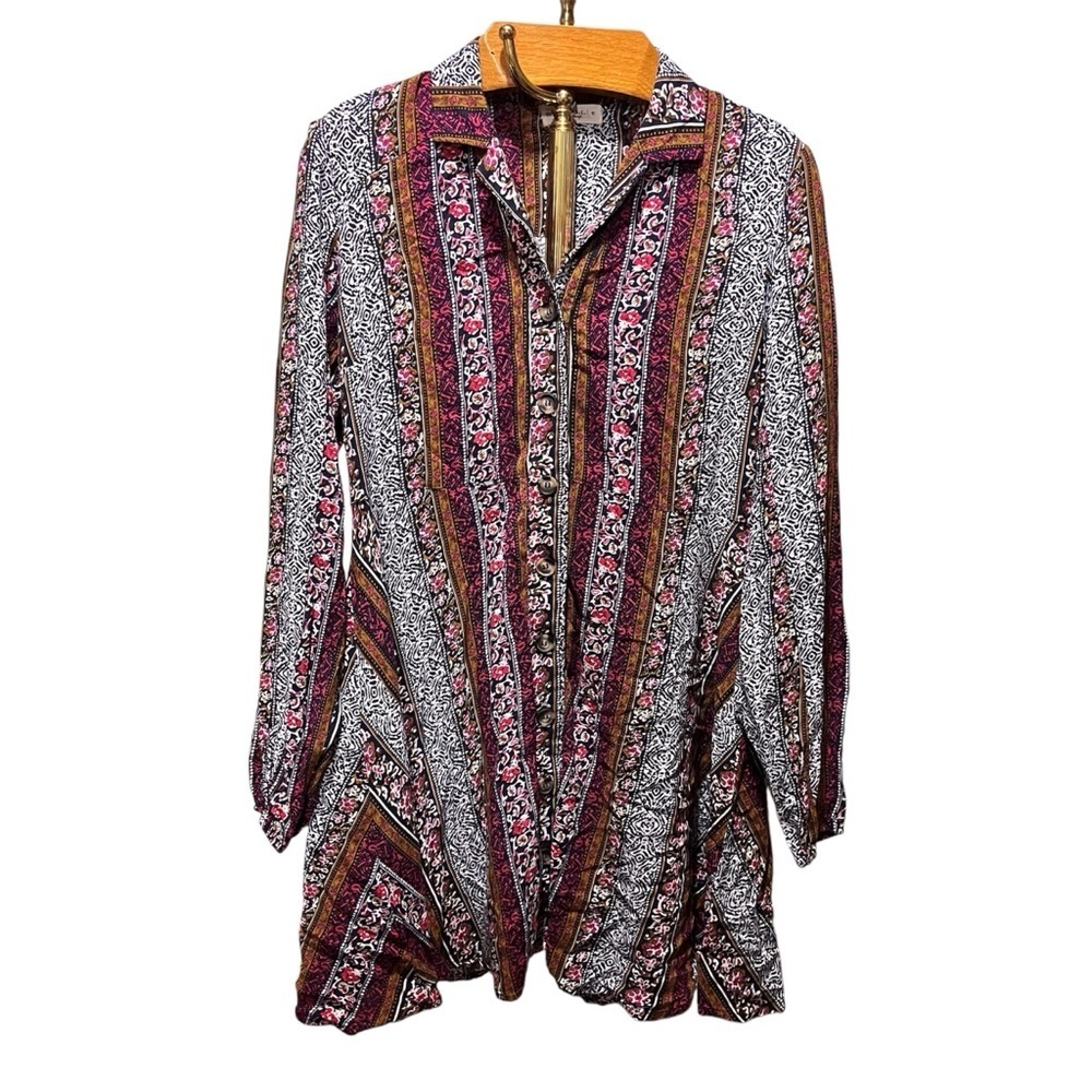 Natural Life Ansley Button Down Mixed Print Shirt Dress Small